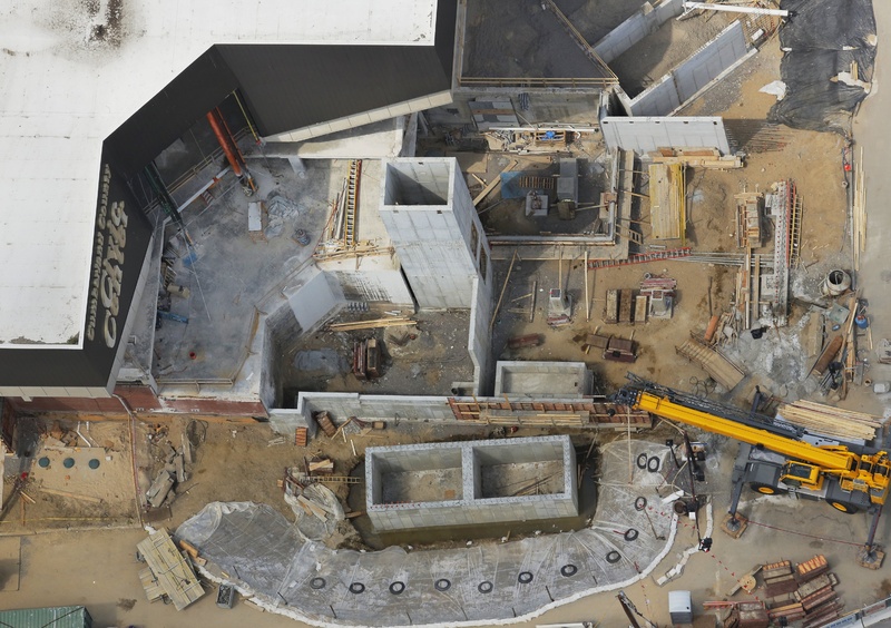 Construction improvements are seen under way at the Cumberland County Civic Center in Portland in this aerial photograph earlier this month. Many of the renovations are geared toward improving conditions for the Portland Pirates.