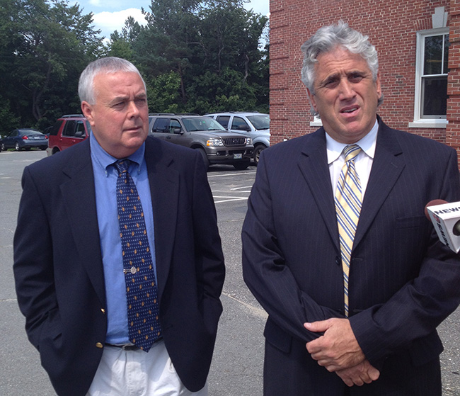 Donald Hill, left, appears with his attorney, Gary Prolman, outside York County Superior Court on Tuesday after being acquitted on a charge of engaging a prostitute.