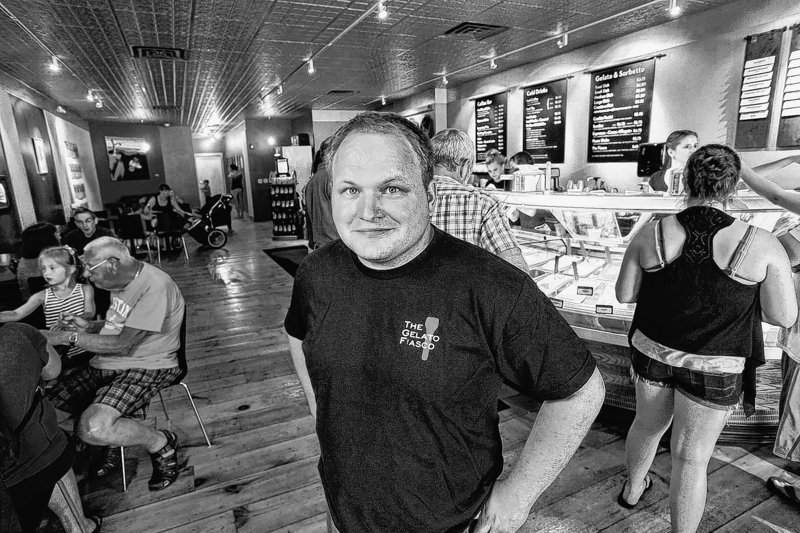 Gelato Fiasco co-founder Josh Davis, shown at the company’s flagship shop on Maine Street in Brunswick, has received assistance from Maine Angels investors.