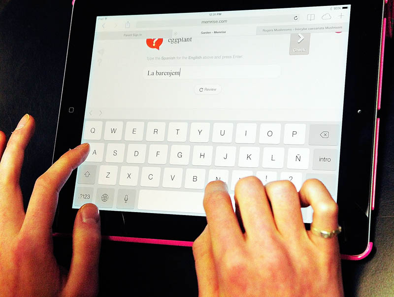 Melissa Garand types in an answer during a vocabulary quiz game during teacher Kelly Frey's Spanish class on Thursday at Maranacook Community High School in Readfield.