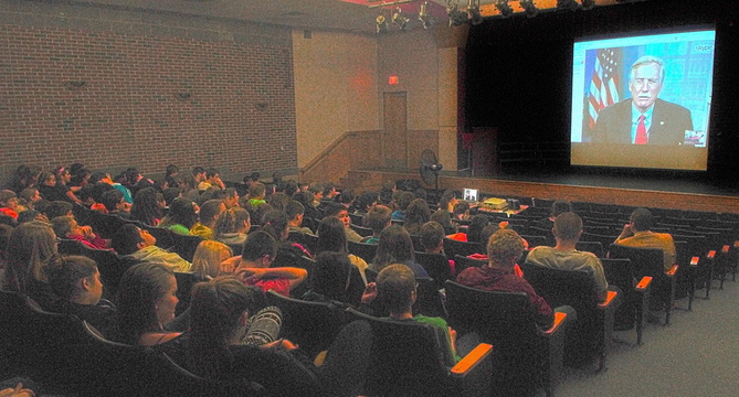 Sen. Angus King, I-Maine, answers questions from students during a video conference session today at Hall-Dale High School in Farmingdale.