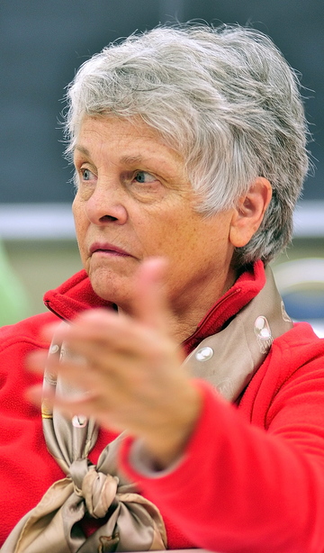 Barbara McCarthy, of Gardiner, talks about the Kennedy assassination during a class on Friday at the University of Maine at Augusta.