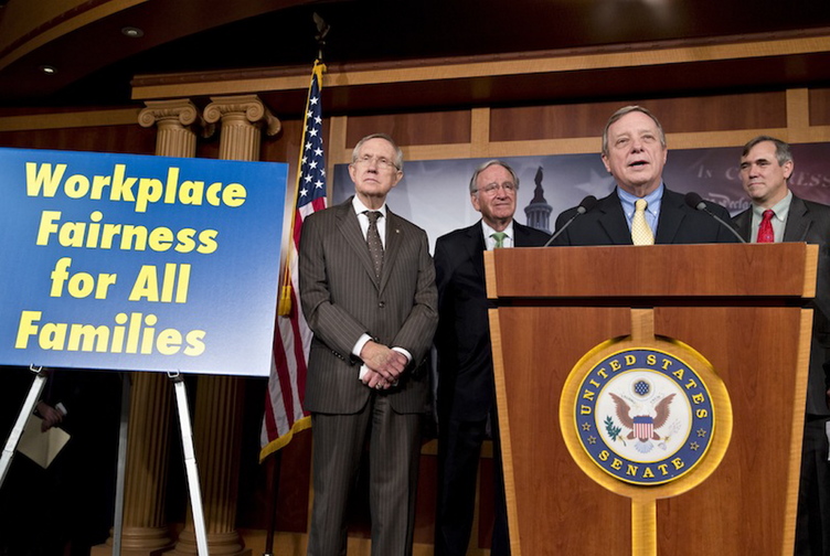 Senate Majority Whip Dick Durbin, D-Ill., right, speaks at a news conference as the Senate made a historic vote on legislation outlawing workplace discrimination against gay, bisexual and transgender Americans, demonstrating the nation’s quickly evolving attitude toward gay rights nearly two decades after Congress rejected same-sex marriage, on Capitol Hill in Washington, Thursday, Nov. 7, 2013. From left to right are Senate Majority Leader Harry Reid, D-Nev., Sen. Tom Harkin, D-Iowa, Senate Majority Whip Dick Durbin, D-Ill., and Sen. Jeff Merkley, D-Ore. The enthusiasm of the bill’s supporters was tempered by the reality that the Republican-led House, where conservatives have a firm grip on the agenda, is unlikely to even vote on it.