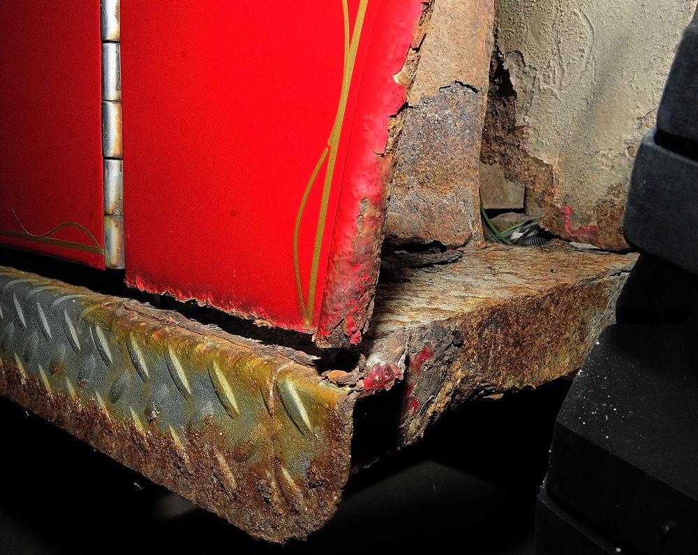 Staff photo by Joe Phelan Whitefield Fire Department's 1980 FMC tanker shows rust damage in the photo taken on Friday January 17, 2014 in Coopers Mills Fire Station.