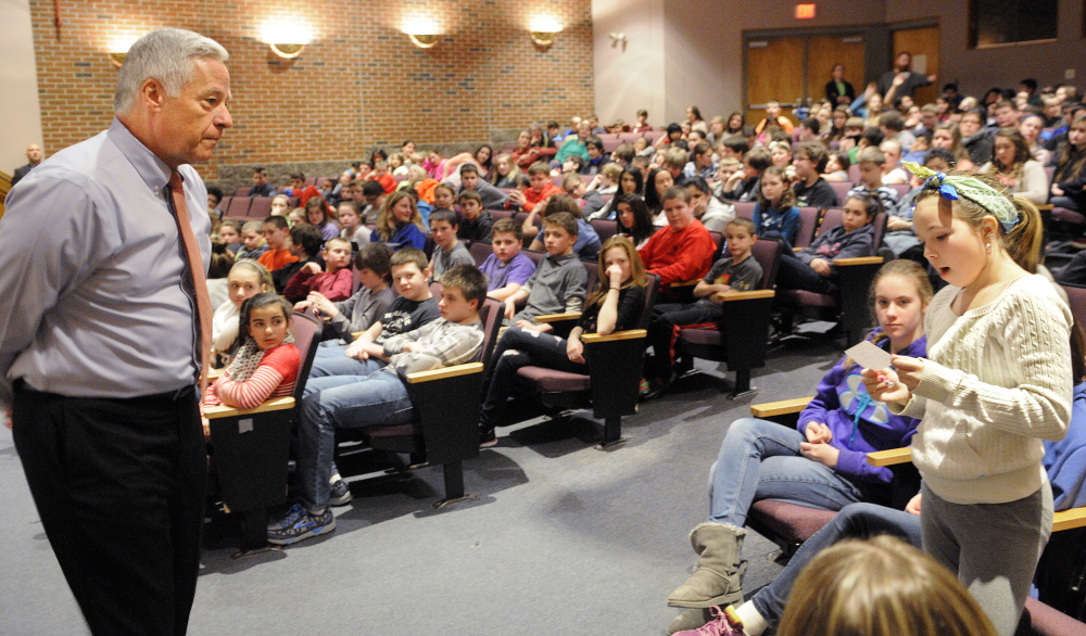 Staff photo by Andy Molloy Congressman Mike Michaud answers a question Tuesday during a visit to Hall-Dale High School Middle School in Farmingdale.