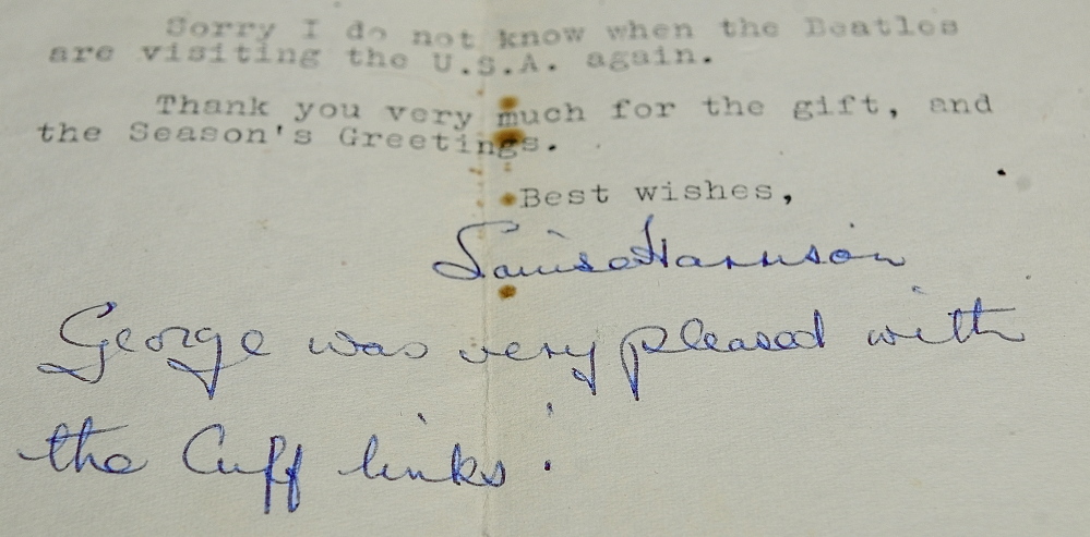 Staff photo by Joe Phelan FOND MEMORIES: Cindy Masiero, of China, got this thank you note, signed by his sister Louise Harrison, for a set of cufflinks she made and sent to Beatle George Harrison.