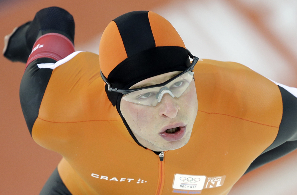 Sven Kramer of the Netherlands skates on his way to an Olympic record in the men’s 5,000-meter speedskating race at the Adler Arena Skating Center during the 2014 Winter Olympics in Sochi, Russia on Saturday.