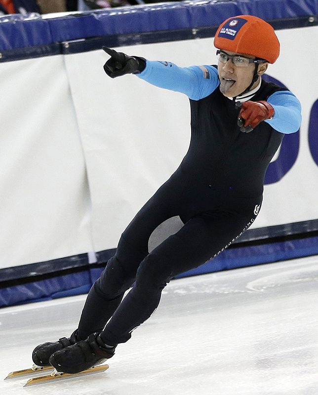 FILE - In this Jan. 3, 2014, file photo, J.R. Celski celebrates after the men's 1,500-meter race at the U.S. Olympic short track speedskating trials in Kearns, Utah. The 23-year-old from Federal Way, Wash., will compete at his second Olympics, looking to add to the pair of bronze medals he won at the 2010 Vancouver Games. (AP Photo/Rick Bowmer, File