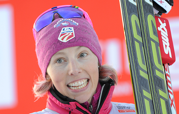 Kikkan Randall from the U.S. poses for photographers after the decoration following her win in the Ladies World Cup Cross Country Ski 1.5km Sprint Free event in Szklarska Poreba, Poland, Saturday, Jan. 18, 2014.