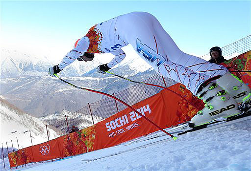 Bode Miller of the United States makes a downhill training run for the 2014 Winter Olympics on Thursday in Krasnaya Polyana, Russia. 2014 Sochi Olympic Games;Winter Olympic games;Olympic games;Spor