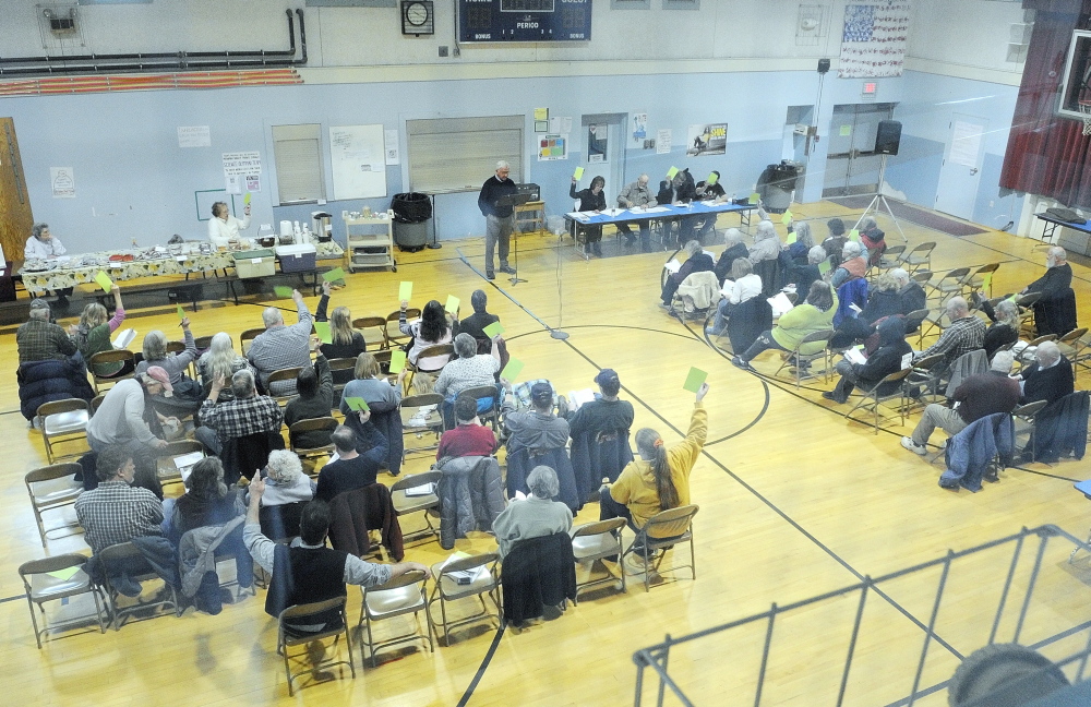 Democracy: Residents hold up green cards to cast votes during Washington Town Meeting on Saturday in Prescott Memorial School in Washington.