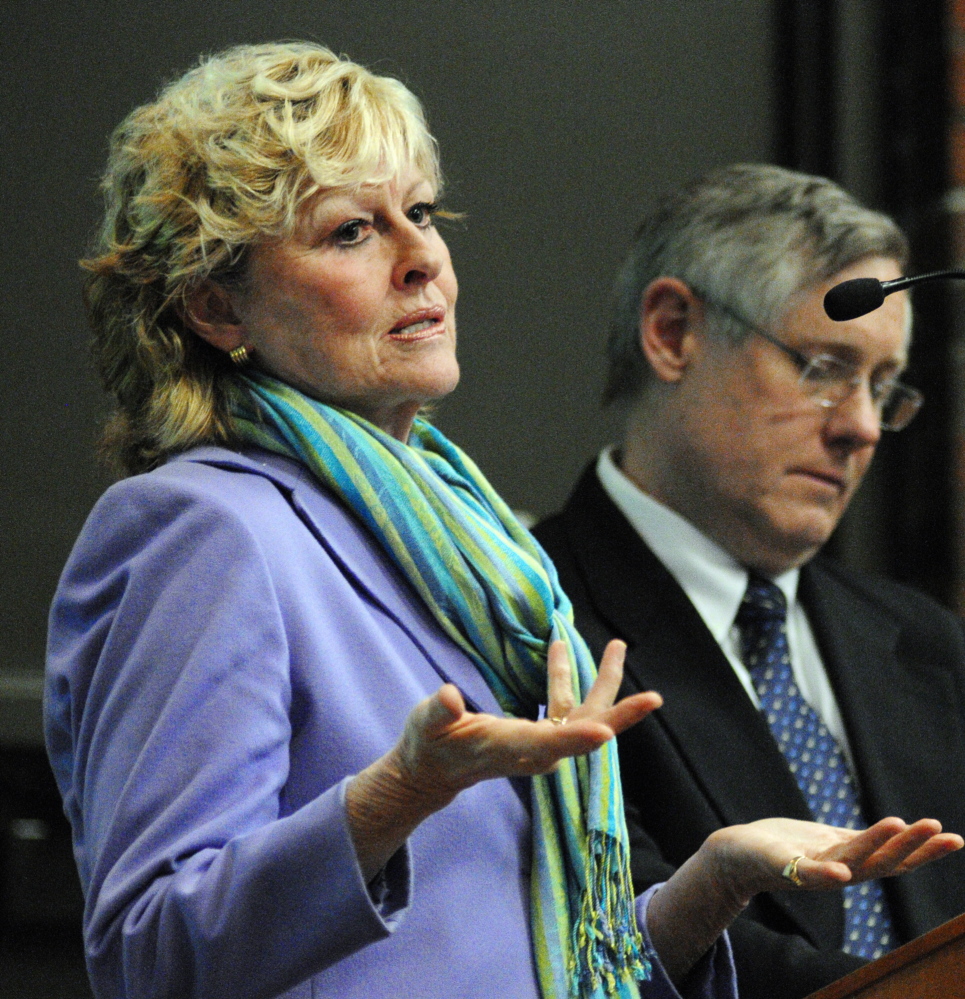 CAPITAL CAMPAIGN: Allyson Handley, University of Maine at Augusta president, left, and Tim Brokaw, vice president of finance and administration, took questions from the audience on proposed budget cuts during a meeting in March in Jewett Hall. The university is now seeking to launch a major fundraising campaign to support scholarships and other programs and services.