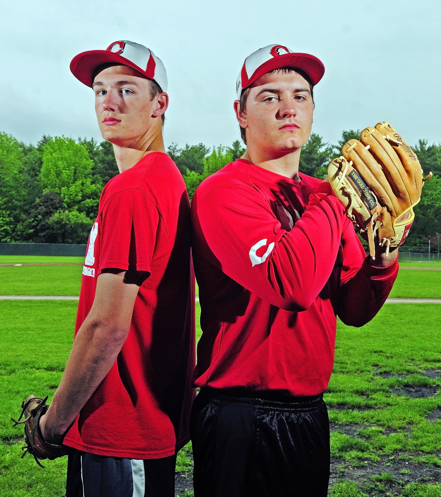 Staff photo by Joe Phelan DOUBLE TROUBLE: Cony pitchers Mitchell Bonenfant, left, and Payton Kennison are a double threat on the mound for the Cony baseball team.