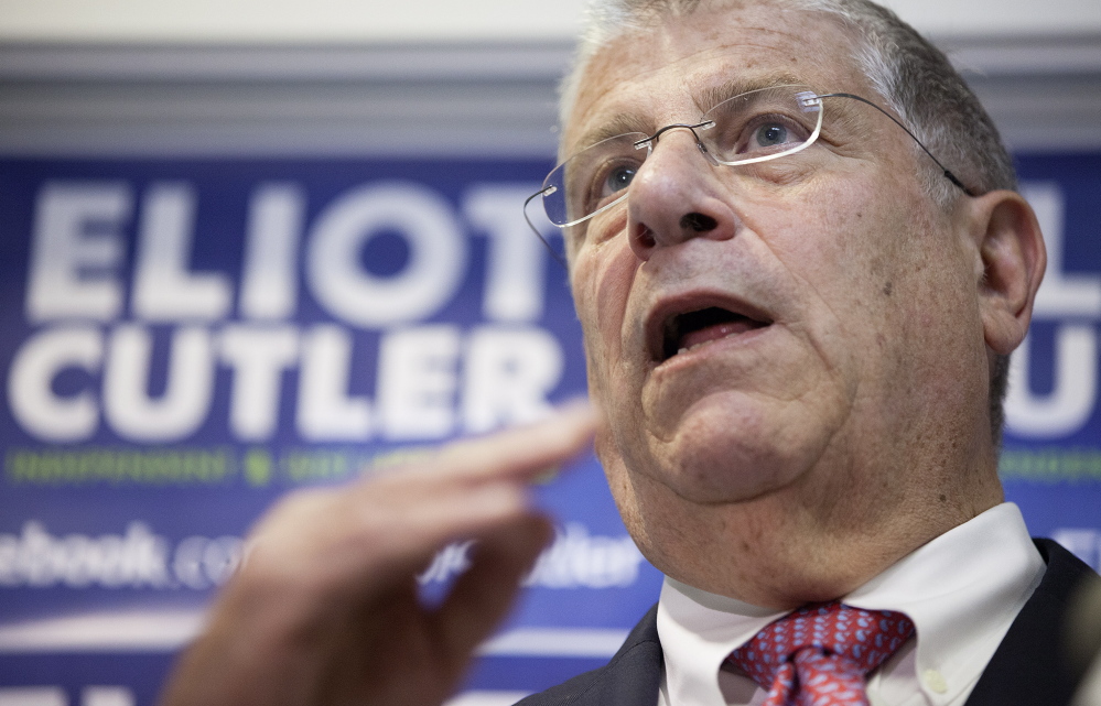 Eliot Cutler, a candidate for governor, speaks Thursday at a press conference at his Portland headquarters about the Maine Ethics Commission’s ruling about campaign finance.