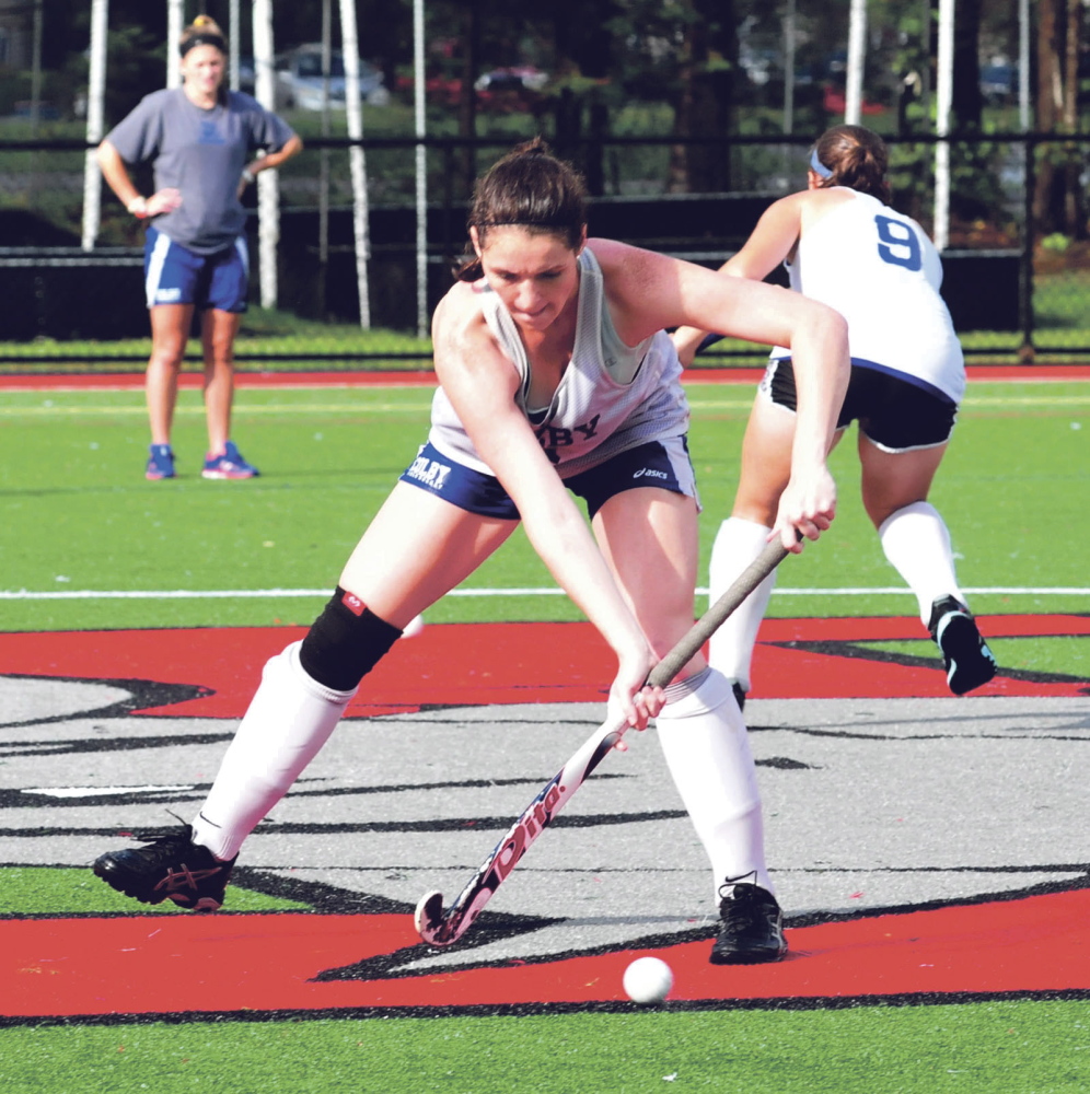 Colby College field hockey player Caroline Ferguson practices before a game against Thomas College on Wednesday in Waterville. The Mules aim to build on a 9-6 record from a year ago and finish as one the NESCAC’s final four teams, possibly giving the team an NCAA playoff berth.