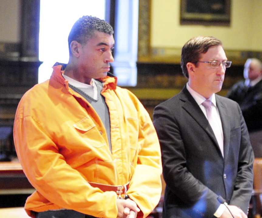 Justin Pillsbury, left, and attorney James T. Lawley, in Kennebec County Superior Court in February during a hearing where he pleaded not guilty to the charge of murdering his girlfriend and roommate Jillian Jones in their Augusta apartment last November.