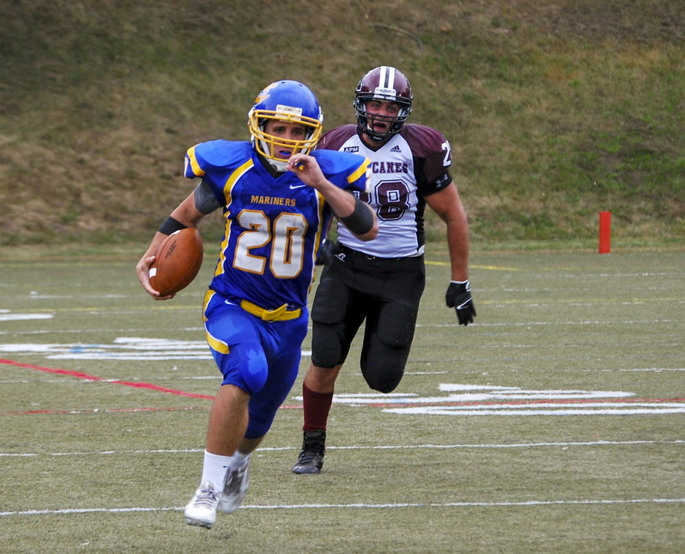 Contributed photo by Tim Koster/Maine Maritime Academy
Former Lawrence football standout Jake Doolan has made an impact at Maine Maritime Academy since transferring from the University of Maine. Doolan rushed for 97 yards and a touchdown on 11 carries in a season-opening win over Anna Maria.