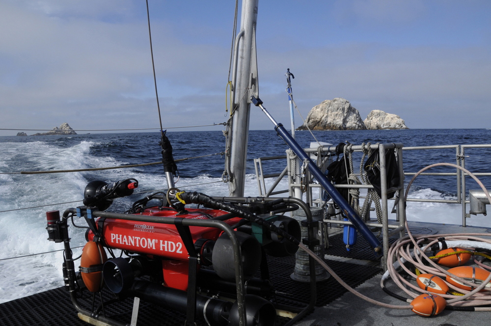 An undersea robot is shown Sept. 12 on the deck of the NOAA research vessel Fulmar near the Farallon Islands, 30 miles off the coast near San Francisco. Federal researchers are exploring more than a dozen underwater sites where they think ships sank in the treacherous waters outside the Golden Gate in the decades after the Gold Rush. During a five-day expedition, a team from NOAA used sonar and an underwater vehicle to examine and photograph the historic shipwrecks in the Gulf of the Farallones Marine Sanctuary, where more than 300 vessels are believed to have sunk.