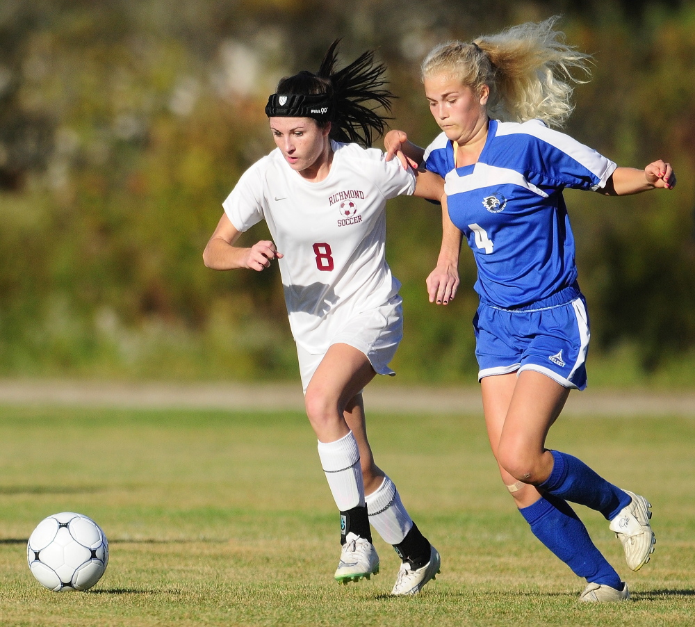 Richmond’s Meranda Martin, left, tries to get by Sacopee defender Olivia Ruhlin during a game on Thursday at Richmond High.