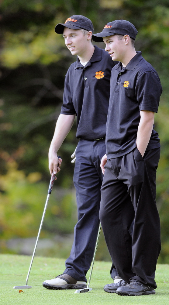 Gardiner Area High School’s Brian Dunn, right, and Logan Peacock are the No. 1 and 2 golfers for the Tigers this season. Gardiner will play in Tuesday’s state qualifier for the Kennebec Valley Athletic Conference.