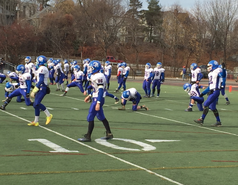 Staff photo by Randy Whitehouse
Members of the Oak Hill football team warm up before the Class D state title game Saturday at Fitzpatrick Stadium in Portland.