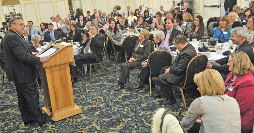 Gov. Paul LePage speaks on Wednesday to the Kennebec Valley Chamber of Commerce at the Senator Inn and Spa in Augusta.