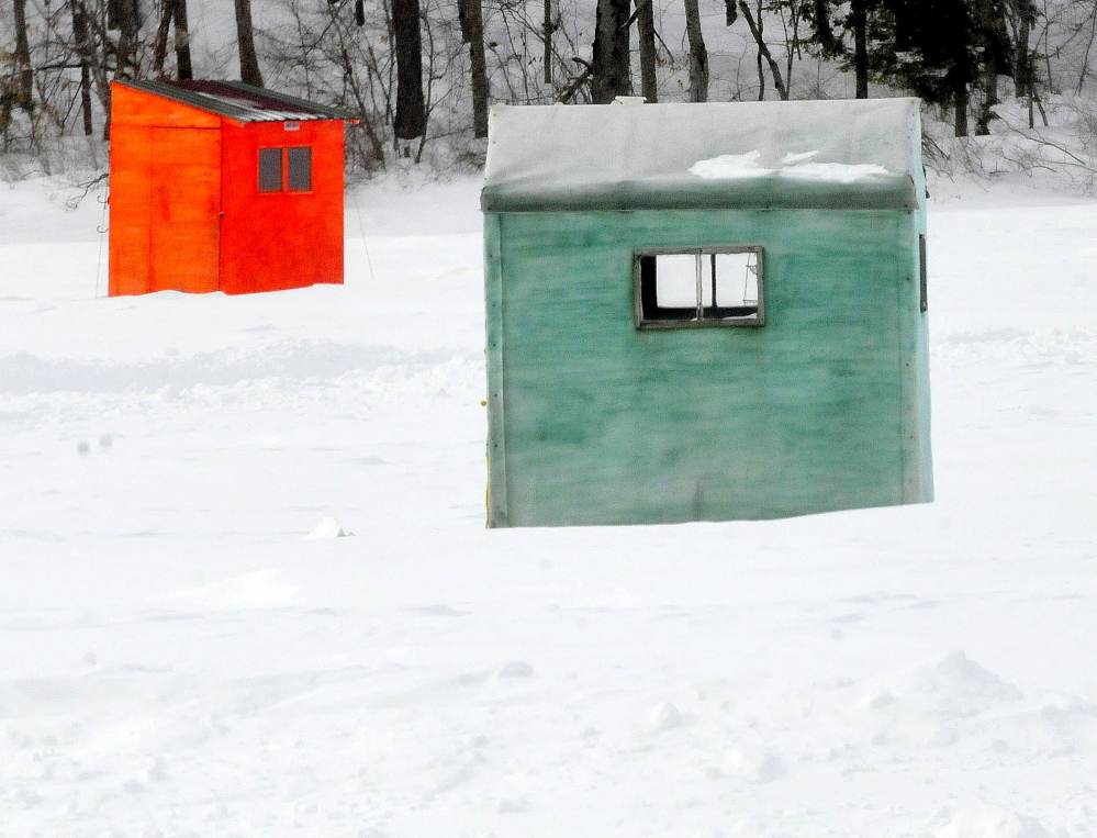 Colorfully painted ice fishing shacks are among many fishermen have dragged on to Lake George in Skowhegan. The Lake George Regional Park Winter Carnival will feature an ice shack competition this Saturday.