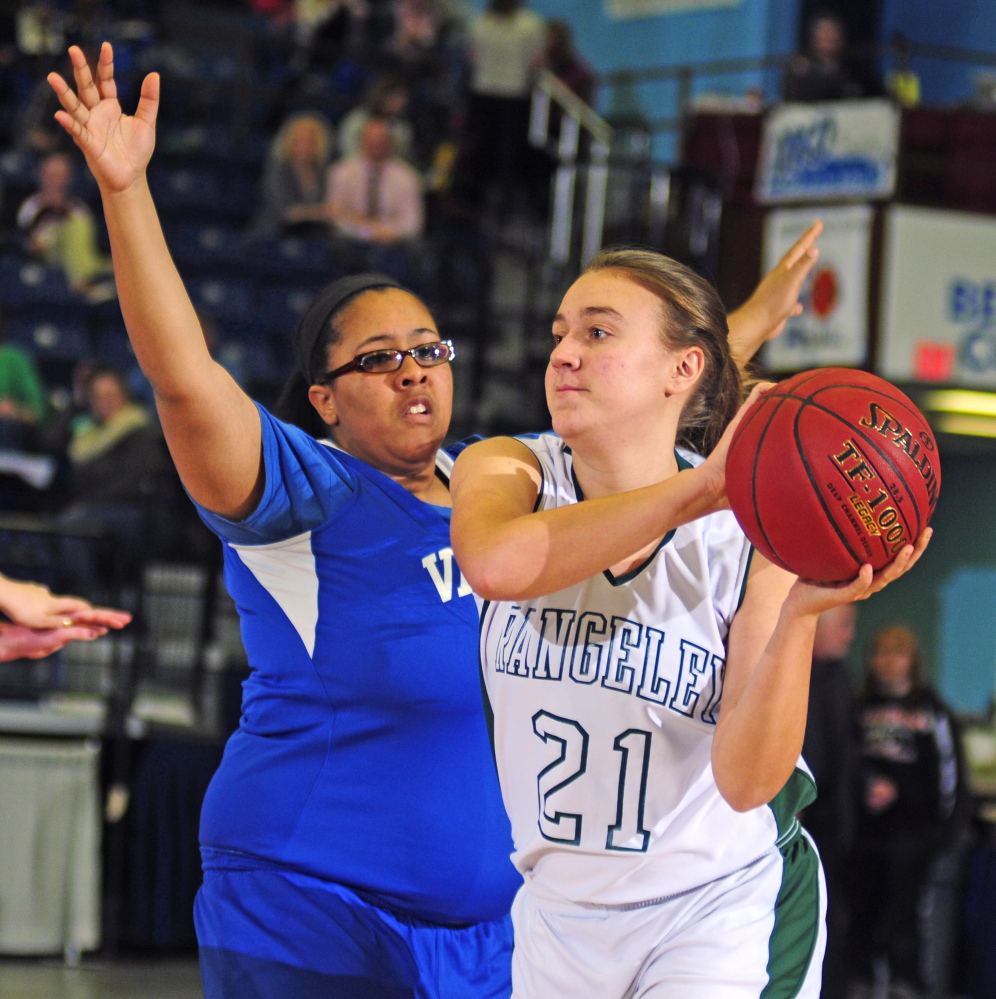 Valley senior forward Courtney Mills, left, covers Rangeley sophomore guard Celia Philbric kduring a Western D quarterfinal Tuesday at the Augusta Civic Center.