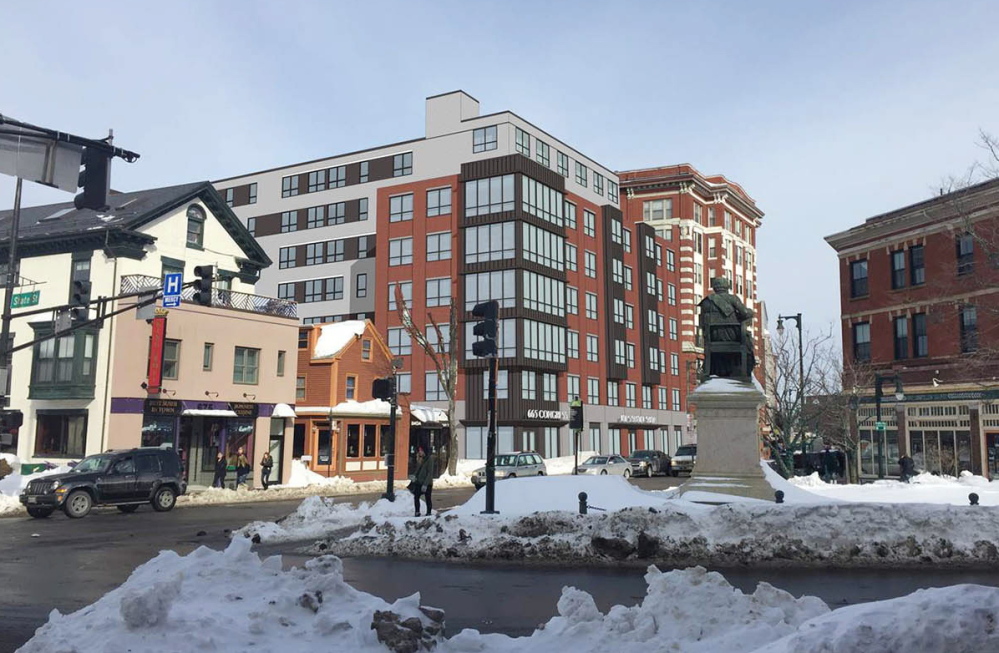 Longfellow Square is in the foreground of this architect’s rendering of a proposed $20 million, 132-unit apartment building at 665 Congress St. in downtown Portland.