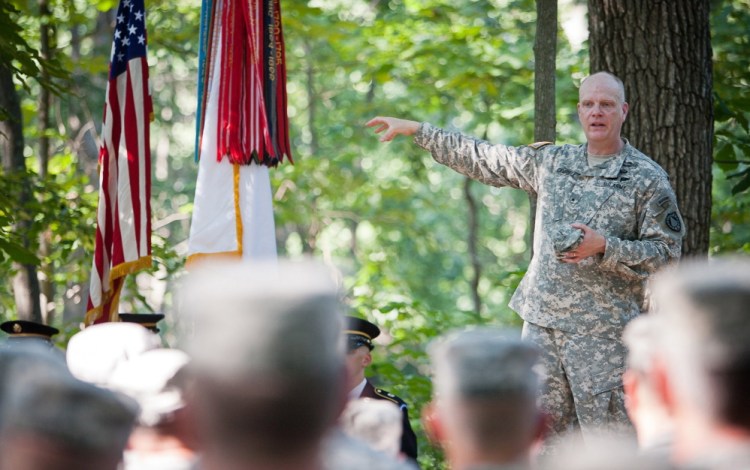 Brig. Gen. James Campbell addresses members of the Maine Army National Guard. Campbell was relieved of his duties Tuesday by Gov. Paul LePage. 2013 Press Herald file photo