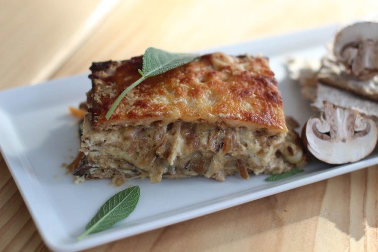 Creamy mushroom and caramelized onion matzo lasagna