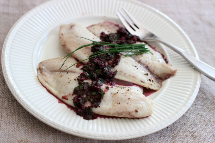 Tilapia with horseradish and beet green chimichurri