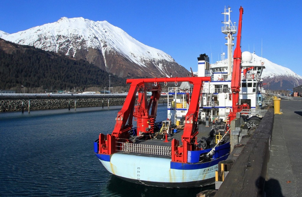 The National Science Foundation research ship Sikuliaq is moored Feb. 25, 2015, in Seward, Alaska. The floating Arctic laboratory four decades in the making arrived at its home port and stands ready to begin unlocking mysteries of one of the wildest places on Earth. The 261-foot Sikuliaq next month will leave Seward, sail around the Aleutian Islands and tuck into sea ice in the Bering Sea to begin its work. The Associated Press