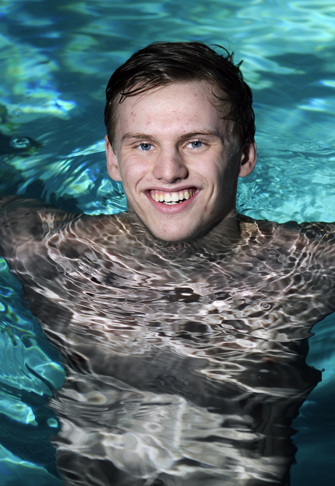 Cony High School’s Noah Aube in the pool at the YMCA in Augusta on Wednesday, March 18, 2015. Aube is the Kennebec Journal’s swimmer of the year.