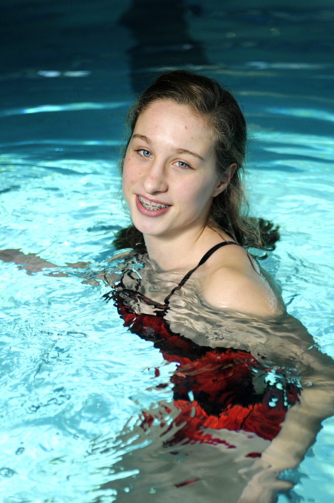 Cony High School’s Anne Guadalupi in the pool at the YMCA in Augusta on  Wednesday March 18, 2015.  Guadalupi is the Kennebec Journal’s swimmer of the year.