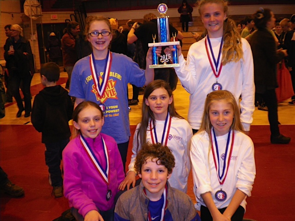 Odyssey of the Mind team members, front center, are Evan Smith; second row, from left, Ella Shaffer, Mya Laliberte and Emily Eastlack; and back, from left, Lily Lavallee and Hannah McMillan.