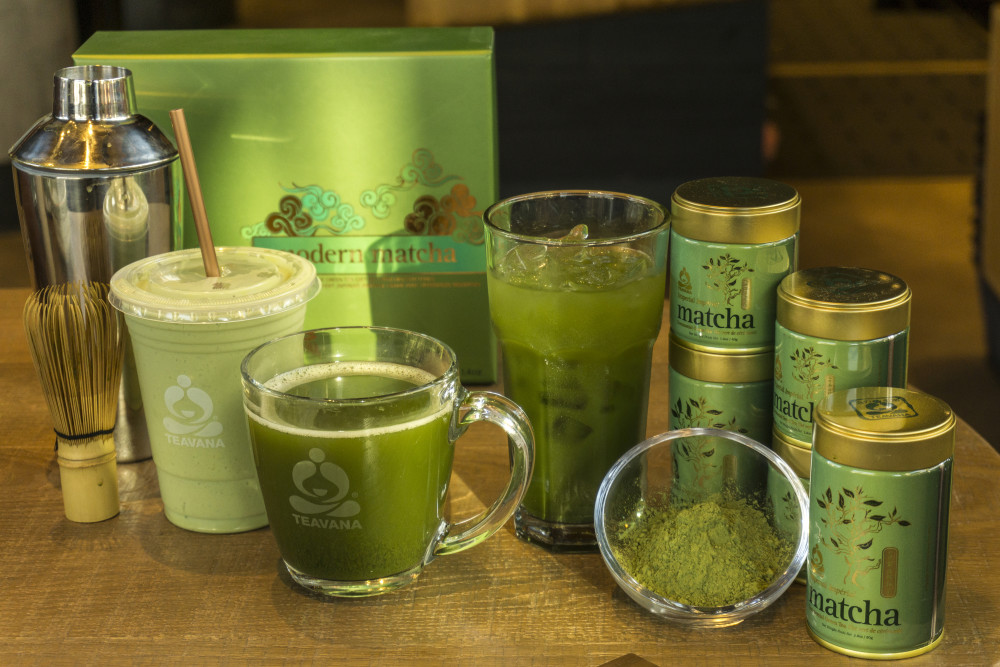 Teavana matcha tea variations, from left: Matcha Avocado smoothie, hot matcha, and cold matcha