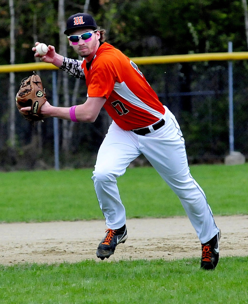 Winslow’s Alex Berard fields the ball and throws to first base for an out against Oceanside in Winslow on Monday.