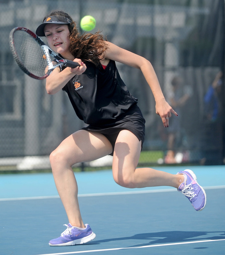 Skowhegan Area High School’s Vasilisa Mitskevich competes against Greely High School’s Izzy Evans.