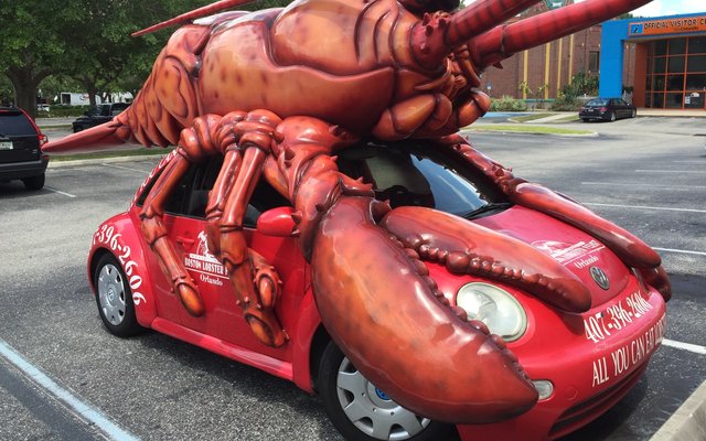 The "lobstermobile" pictured in its former incarnation as a promotional vehicle for the Florida restaurant Boston Lobster Feast. The vehicle has been acquired by the Maine Maritime Museum.