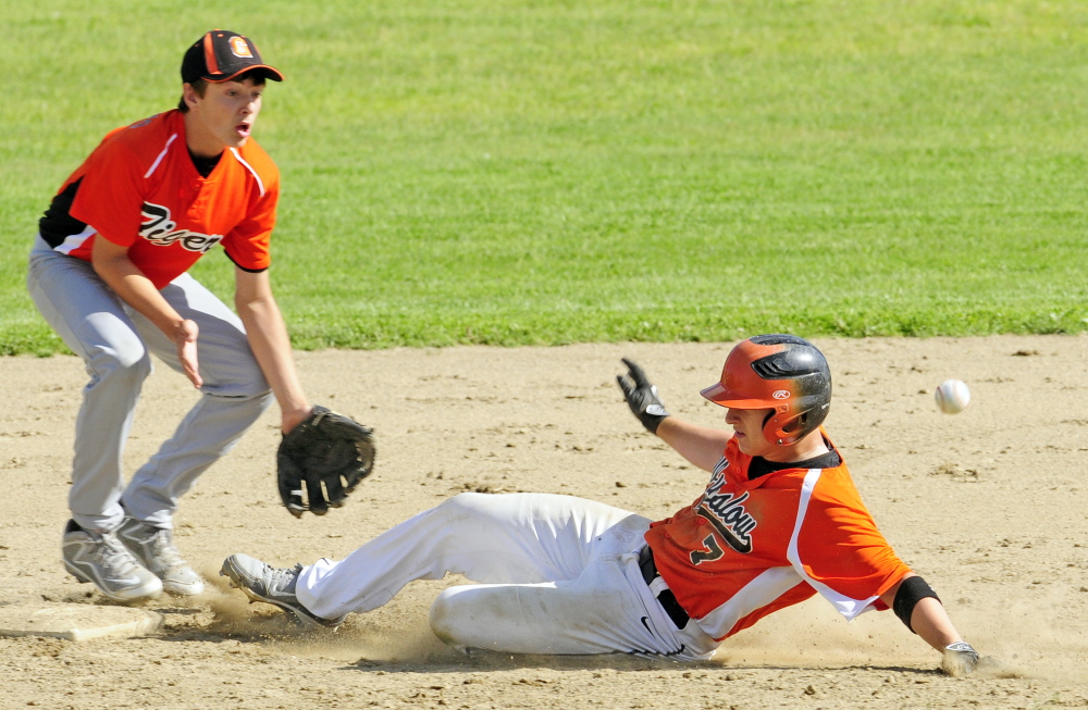 Gardiner second baseman Devin Maschino waits for the ball as Winslow baserunner Rob Petronic slides into second safely during a Kennebec Valley Athletic Conference Class B game Thursday in Gardiner.