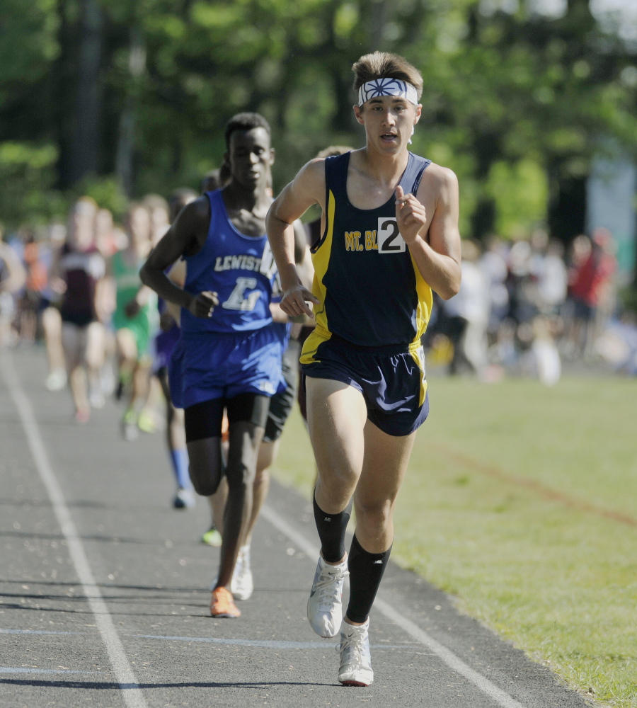 Portland Press Herald photo by John Ewing 
 Mt. Blue senior Aaron Willingham out-paces the field in the 3,200-meter run at the Class A state track and field championships last Saturday at Mt. Ararat in Topsham. Willingham won the event in 9 minutes, 39.80 seconds. He will run in the 1,600 and 3,200 at New Englands on Saturday in Saco.