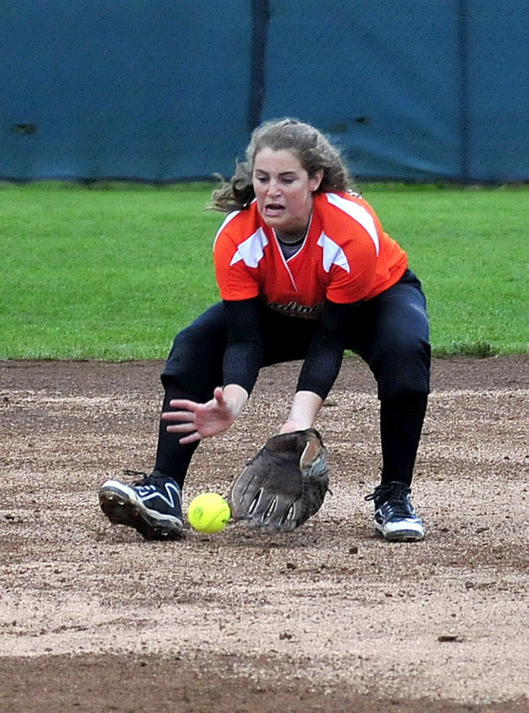 Staff photo by David LeamingGardiner’s Lauren Chadwick prepares to make a play during the Eastern B final against Hermon on Tuesday in Brewer.