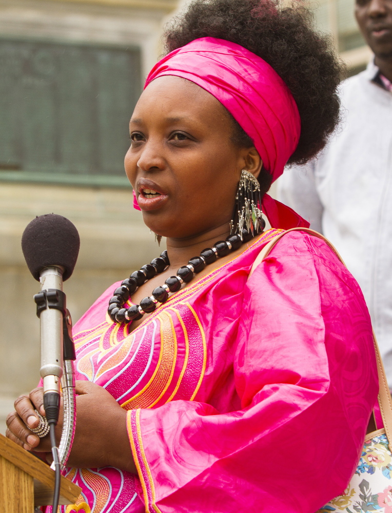 Aimee Nyirakanyana, owner of the Ebenezer African Grocery Store in Portland, speaks at Monday’s news conference in front of City Hall to advocate for a bill that would make asylum seekers eligible for General Assistance. Nyirakanyana came to the U.S. five years ago, seeking asylum from Rwanda, and said she credits General Assistance for “who I am today.”