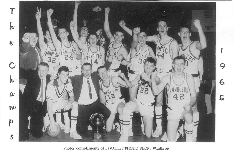 The 1965 Winthrop basketball team. In the first row, left to right, is manager Howard Cook, Denis Clark, coach Roy ChipmanKen PattenJeff DeBlois and Alan Pattershall. In the back row is manager Jessie Spinner, Jessie McDougall, Terry Wyman, Eddie Starbuck, Austin Farrar, Charlie Gordon, Norman Finley. Brad Macomber and George House.