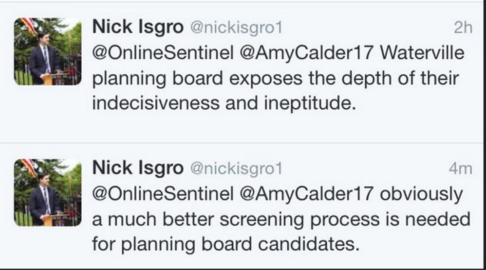 Tweets from Waterville Mayor Nick Isgro Monday night criticize the Planning Board for not acting on a controversial site plan for a car wash on Kennedy Memorial Drive.