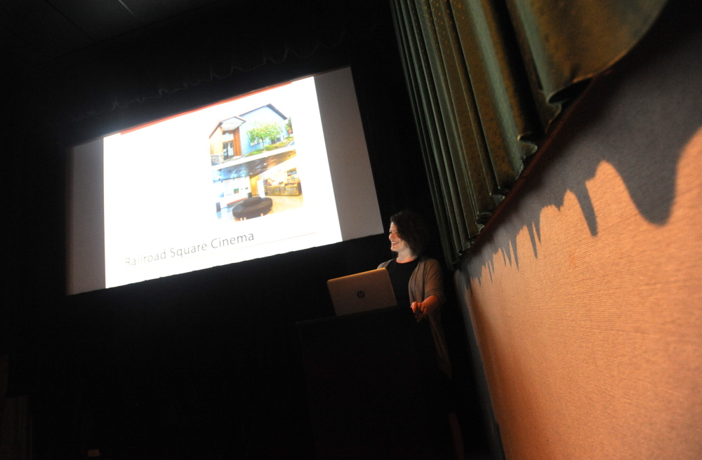 Shannon Haines, executive director of the Maine Film Center and executive director of the Maine International Film Festival, gives a presentation on the vitality of the arts community in Waterville during a special meeting with Jane Chu, chairman of the National Endowment of the Arts, at Railroad Square Cinema in Waterville on Tuesday.