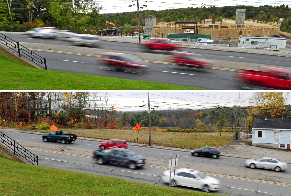 A Homewood Suites hotel rises, at top in a photo taken Thursday, on a Western Avenue lot that was vacant in October 2014, at bottom.