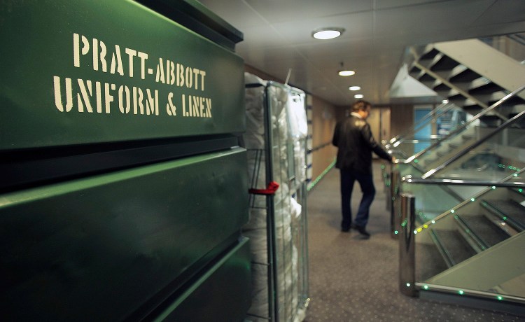 Linens supplied by Pratt Abbott sit aboard the Nova Star as preparations are made for its first trip in May 2014. Pratt Abbott now says the ship's operator owes it $262,000.
 Press Herald file photo/ Amelia Kunhardt