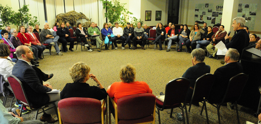 Sen. Roger Katz, R-Augusta, opens a meeting with Riverview staffers and legislators on Jan. 19 at the University of Maine at Augusta, where workers said mandated overtime is crushing morale.